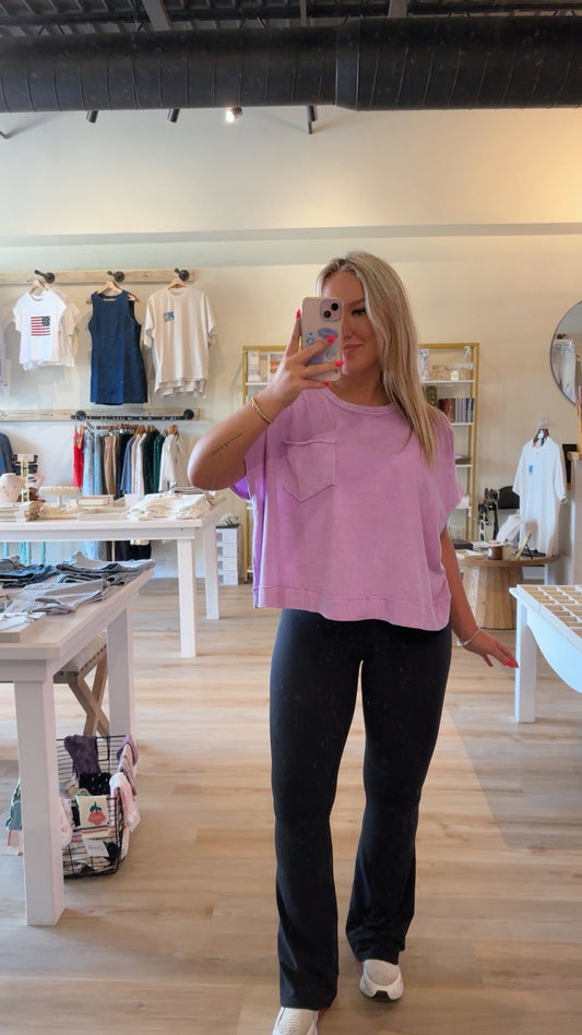 Zenana Purple Oversized Boxy Crop Pocket Tshirt