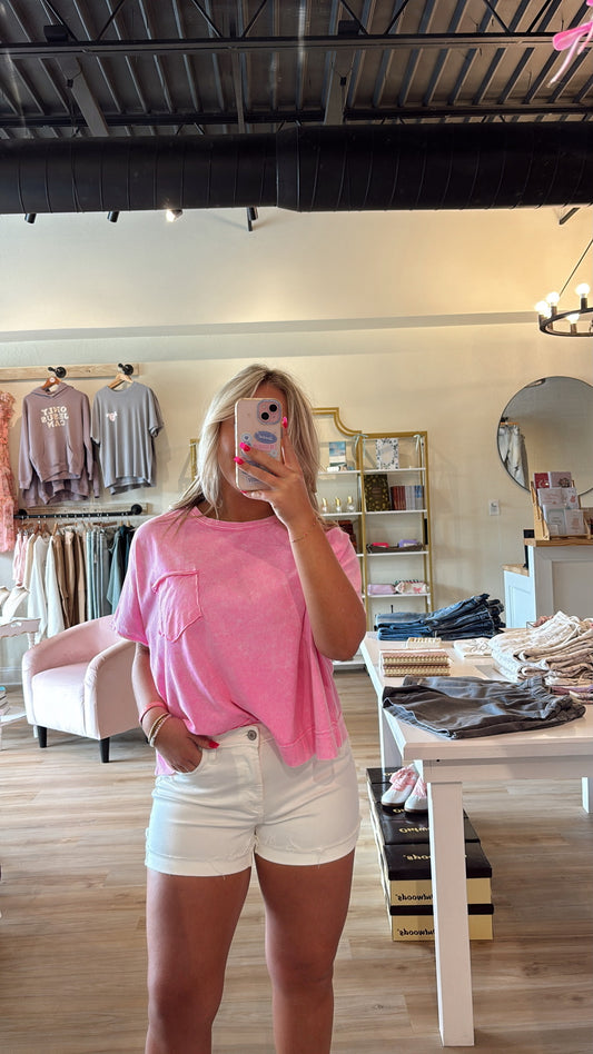 Pink Boxy Crop Raw Hem Tee