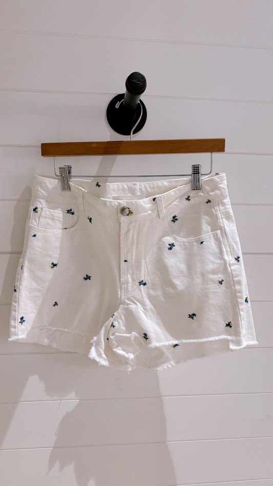 White Floral Denim Shorts
