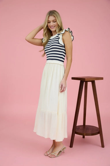 Stripe Sweater Top Mixed Media Midi Dress