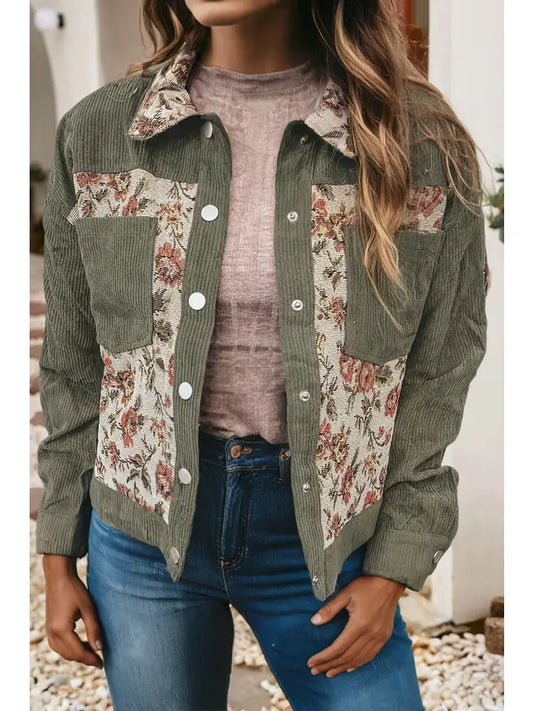 Ribbed Retro Floral Patchwork Shirt Style Jacket