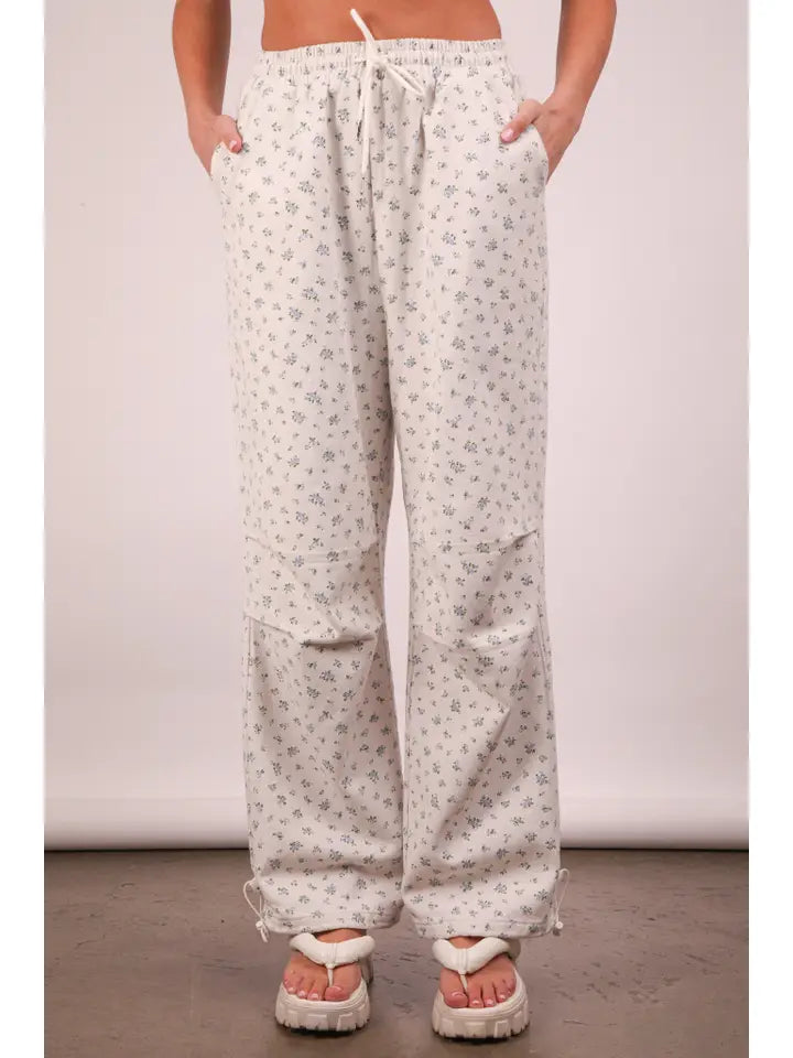 Floral Printed Linen Parachute Pants - Blue