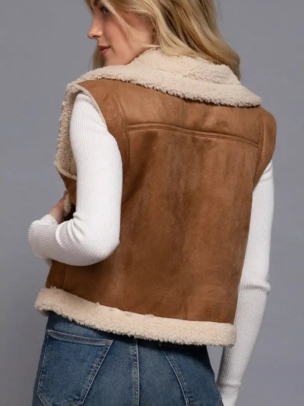 Faux Suede Inner Fur Zip Up Vest - S-XXL