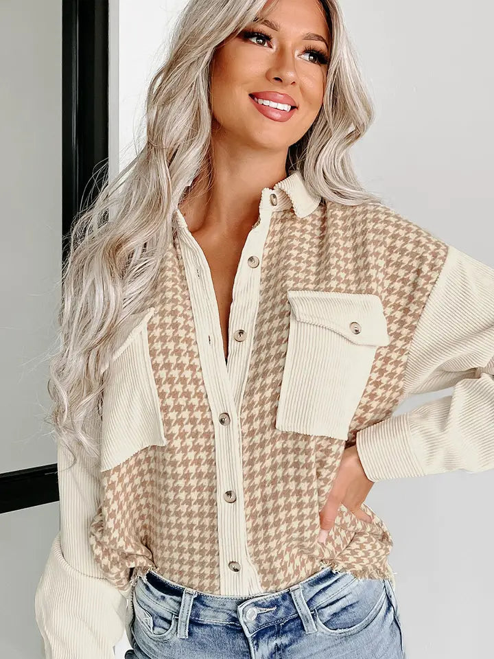 Houndstooth Corduroy Patchwork Shacket