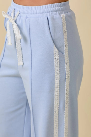 Wide Leg Pants with Lace Detail - Blue