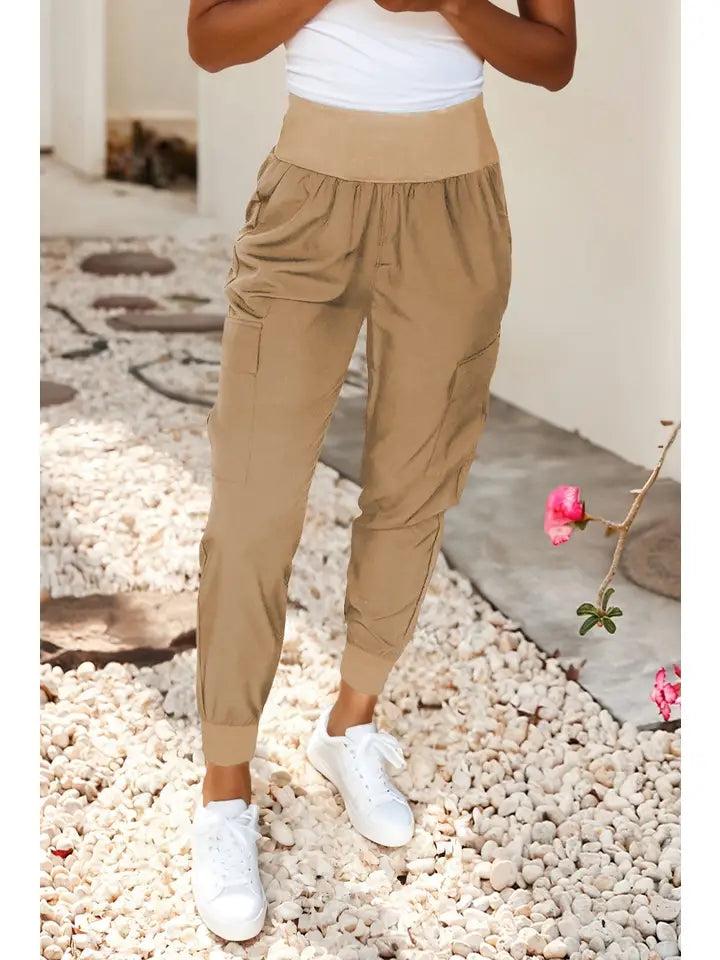 Elastic High Waist Pocketed Cargo Jogger Pants