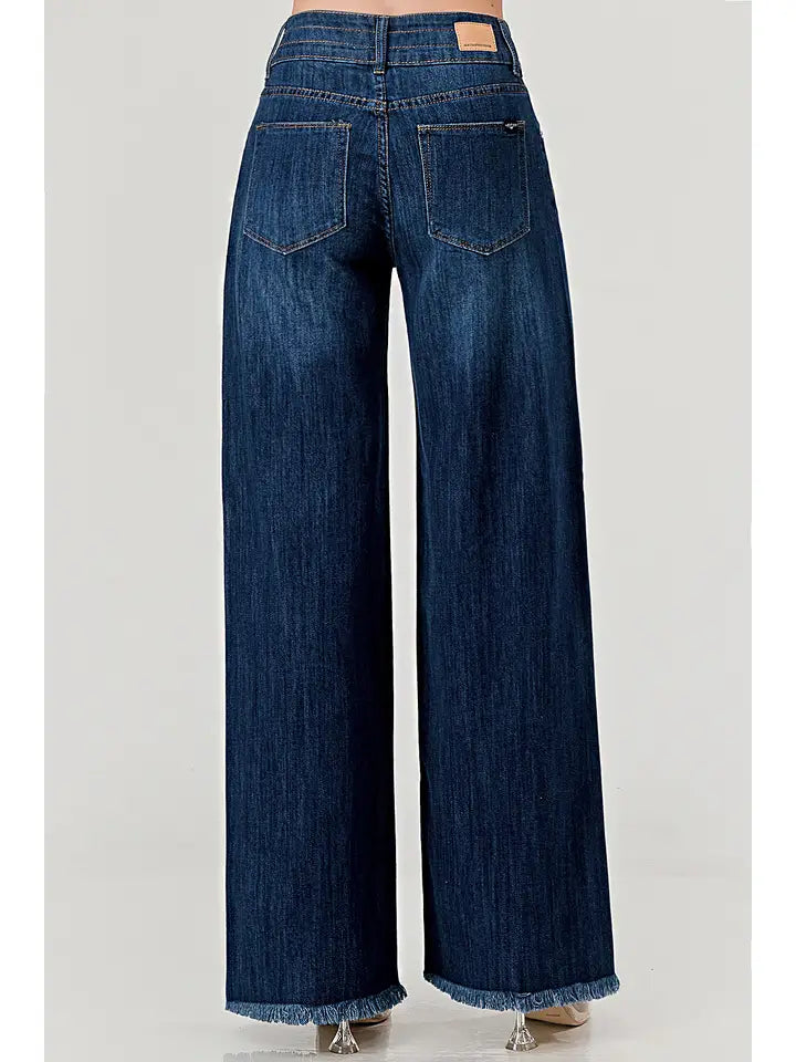 Dark Wash - Mid Rise Wide Leg Jeans with Fray Hem