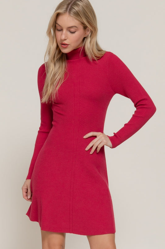 Long Sleeve Fitted Sweater Dress - Cherry Red