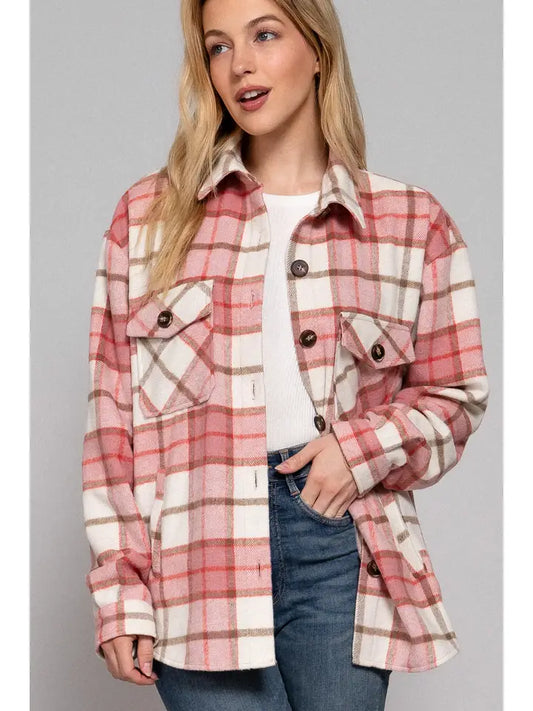 Long Sleeve Wool Blend Plaid Button Down Casual Jacket