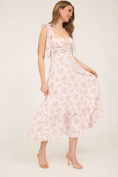 Floral Tie Strap Ruched Detail Maxi Dress