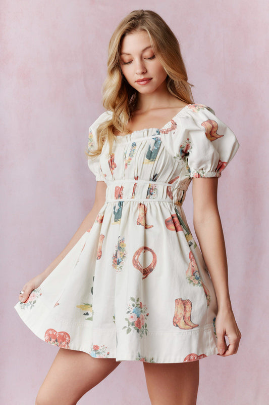 Western Theme Printed Denim Mini Dress