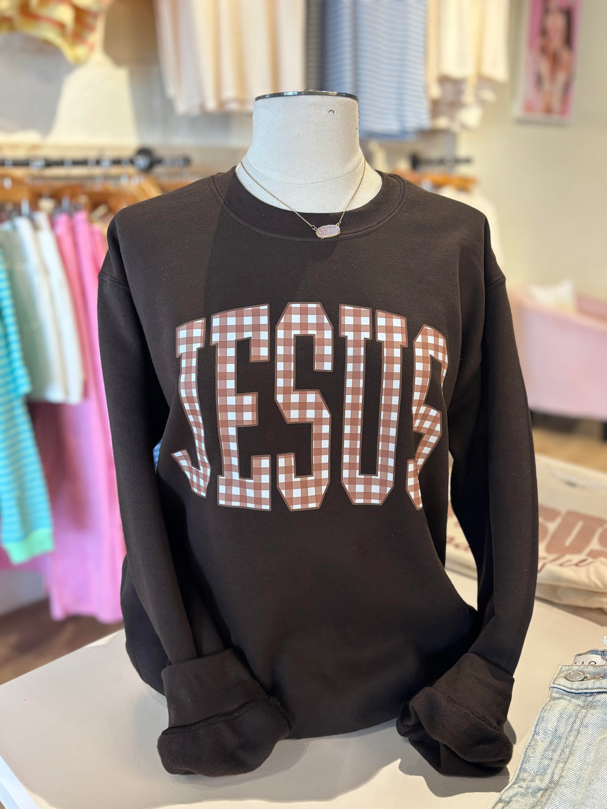 Gingham Jesus Brown Crewneck